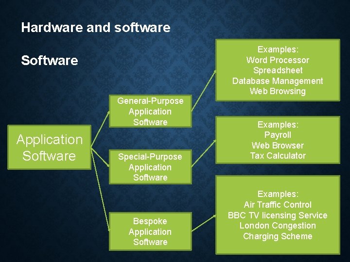 Hardware and software Software General-Purpose Application Software Special-Purpose Application Software Bespoke Application Software Examples: