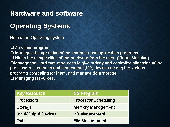 Hardware and software Operating Systems Role of an Operating system q A system program