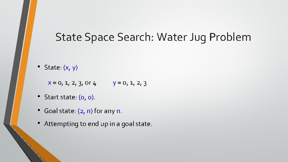 State Space Search: Water Jug Problem • State: (x, y) x = 0, 1,