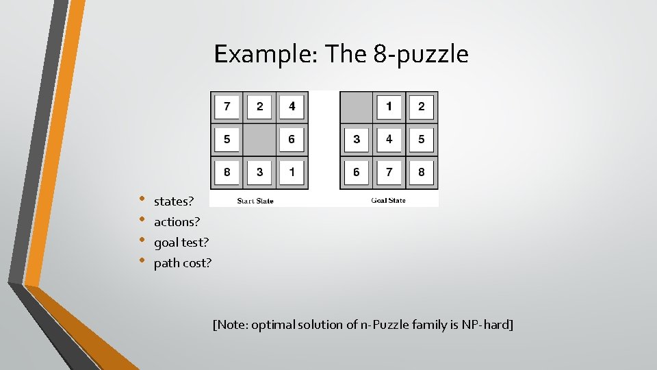 Example: The 8 -puzzle • • states? actions? goal test? path cost? [Note: optimal