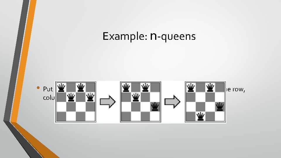 Example: n-queens • Put n queens on an n × n board with no