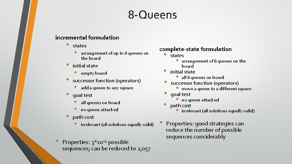 8 -Queens incremental formulation • • • states • arrangement of up to 8 8 -Queens incremental formulation • • • states • arrangement of up to 8