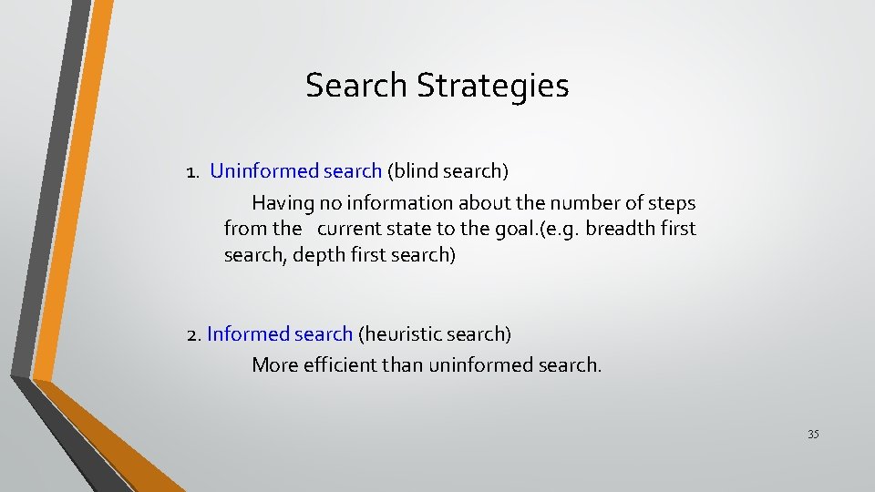 Search Strategies 1. Uninformed search (blind search) Having no information about the number of