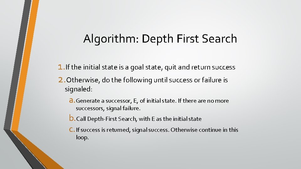 Algorithm: Depth First Search 1. If the initial state is a goal state, quit Algorithm: Depth First Search 1. If the initial state is a goal state, quit