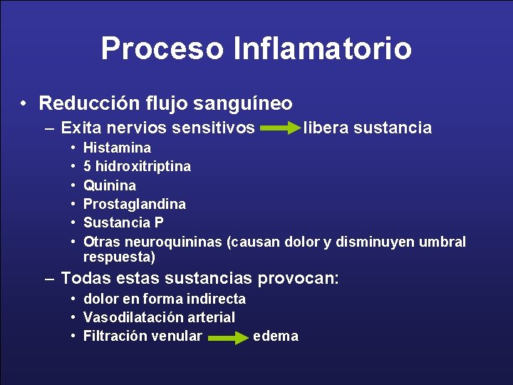 Proceso Inflamatorio • Reducción flujo sanguíneo – Exita nervios sensitivos • • • libera