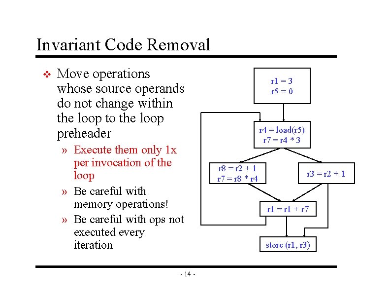 Invariant Code Removal v Move operations whose source operands do not change within the
