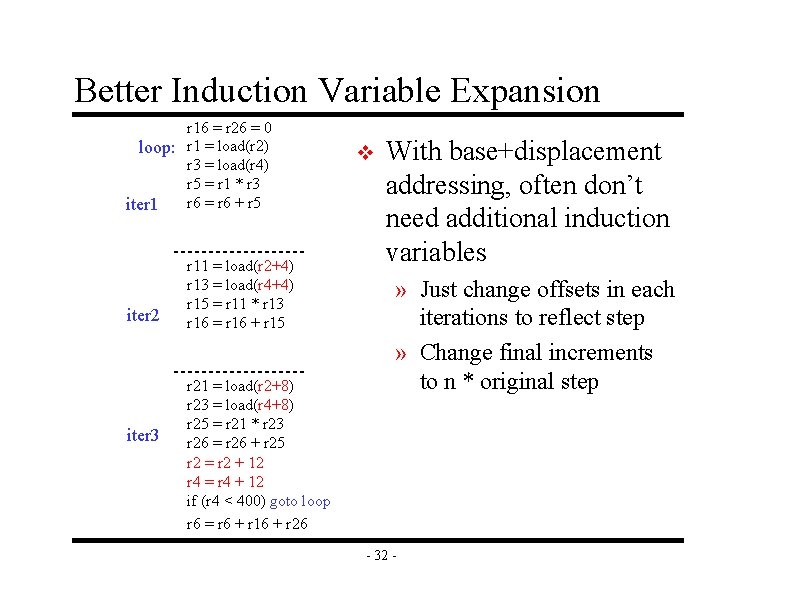 Better Induction Variable Expansion r 16 = r 26 = 0 loop: r 1