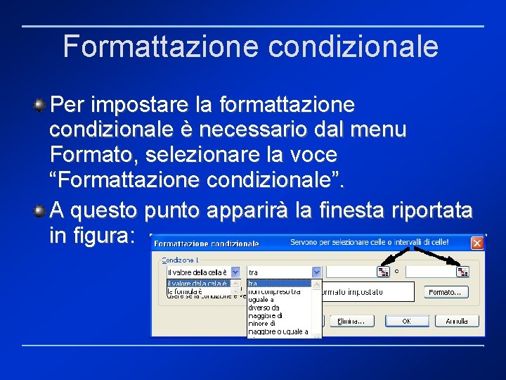 Formattazione condizionale Per impostare la formattazione condizionale è necessario dal menu Formato, selezionare la