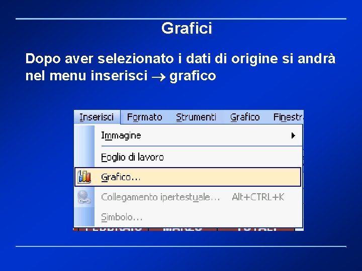 Grafici Dopo aver selezionato i dati di origine si andrà nel menu inserisci grafico