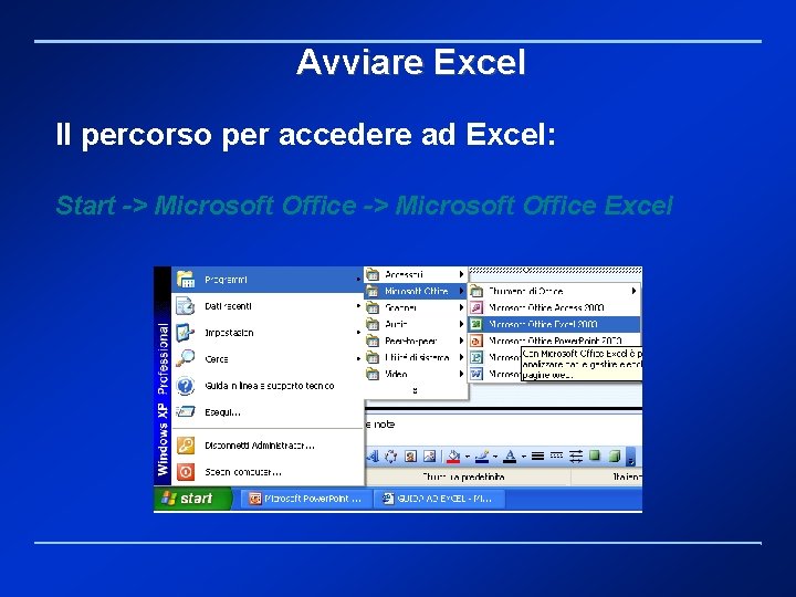 Avviare Excel Il percorso per accedere ad Excel: Start -> Microsoft Office Excel 