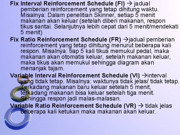 Fix Interval Reinforcement Schedule (FI) jadual pemberian reinforcement yang tetap dihitung waktu. Misalnya: Dalam