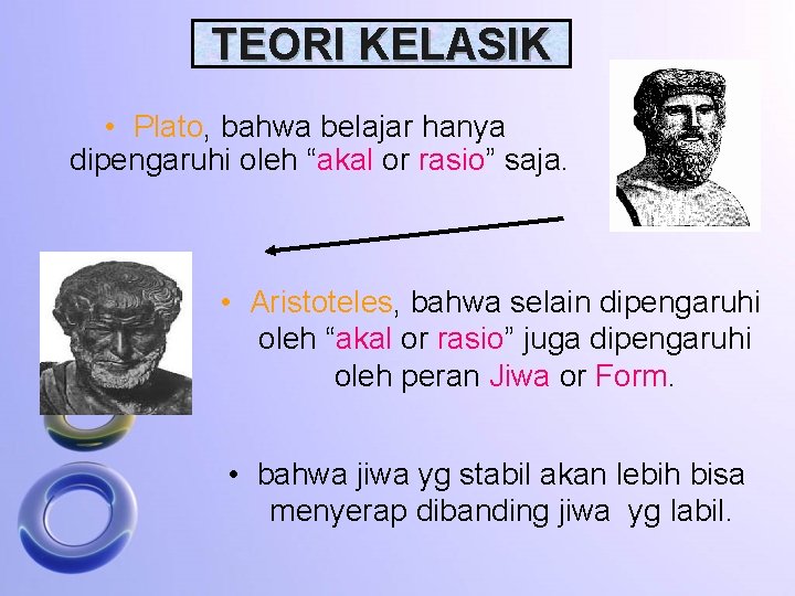 TEORI KELASIK • Plato, bahwa belajar hanya dipengaruhi oleh “akal or rasio” saja. •