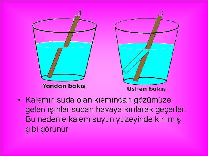  • Kalemin suda olan kısmından gözümüze gelen ışınlar sudan havaya kırılarak geçerler. Bu