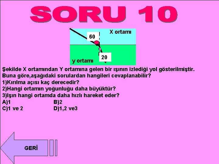 X ortamı 60 y ortamı 20 Şekilde X ortamından Y ortamına gelen bir ışının