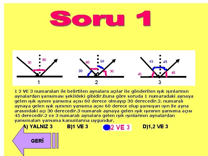 1 2 3 1 2 VE 3 numaraları ile belirtilen aynalara açılar ile gönderilen