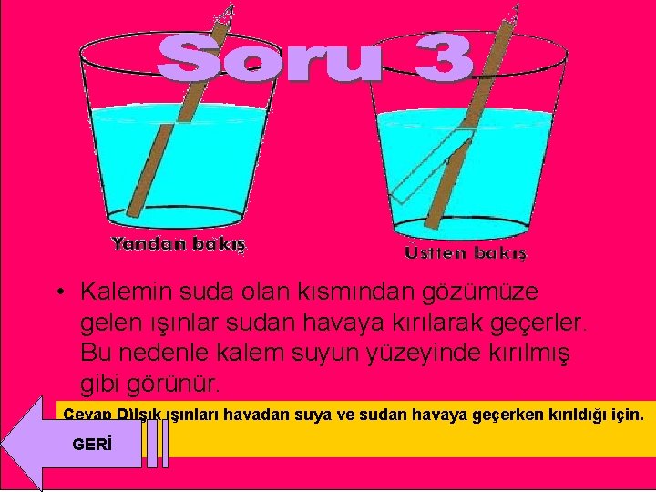  • Kalemin suda olan kısmından gözümüze gelen ışınlar sudan havaya kırılarak geçerler. Bu