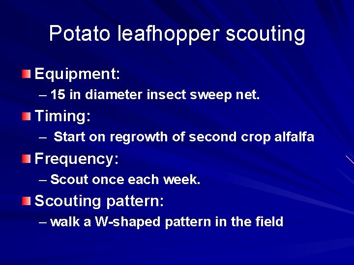 Potato leafhopper scouting Equipment: – 15 in diameter insect sweep net. Timing: – Start