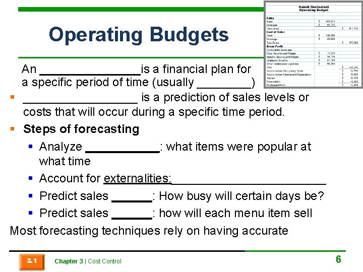 Operating Budgets An ________is a financial plan for a specific period of time (usually