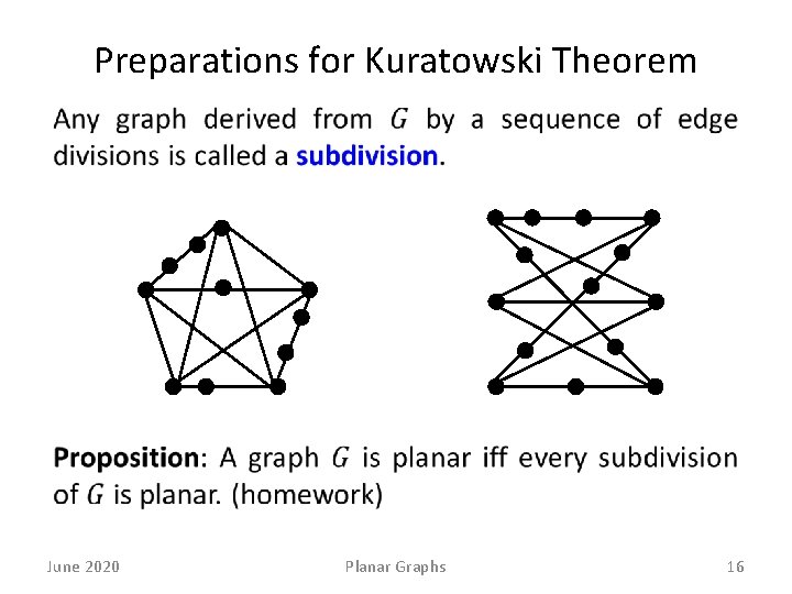 Preparations for Kuratowski Theorem June 2020 Planar Graphs 16 