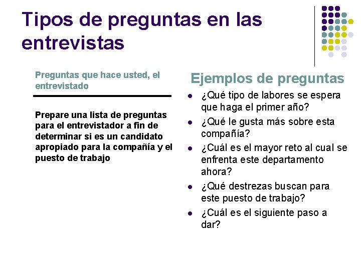 Tipos de preguntas en las entrevistas Preguntas que hace usted, el entrevistado Ejemplos de