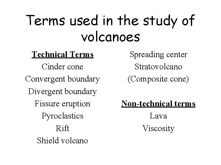 Terms used in the study of volcanoes Technical Terms Cinder cone Convergent boundary Divergent