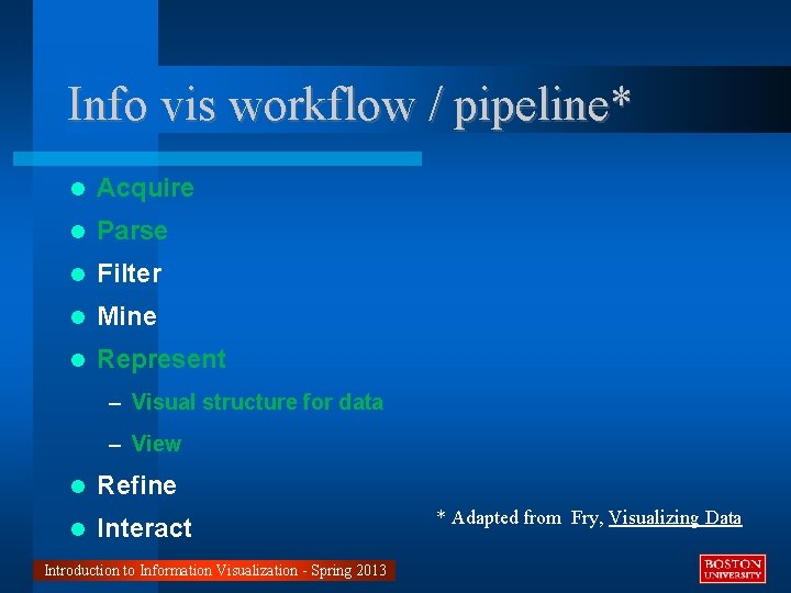 Info vis workflow / pipeline* Acquire Parse Filter Mine Represent – Visual structure for