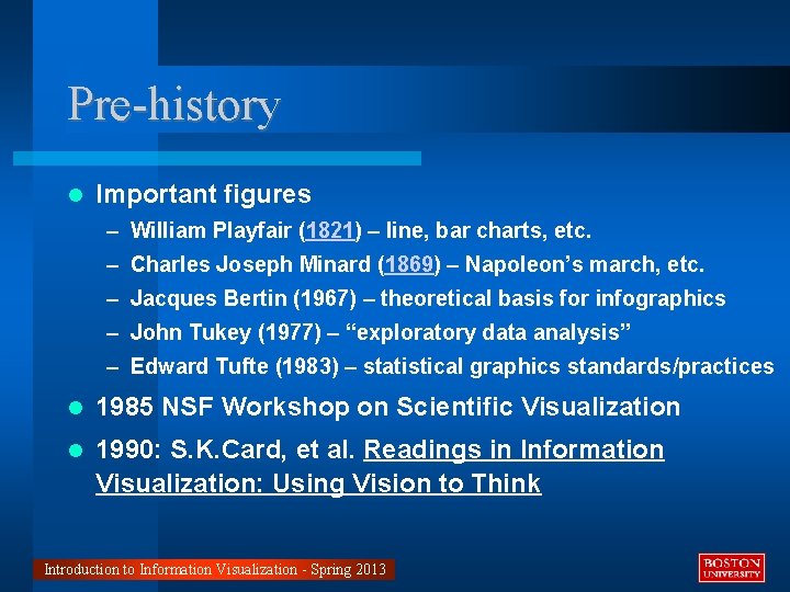 Pre-history Important figures – William Playfair (1821) – line, bar charts, etc. – Charles