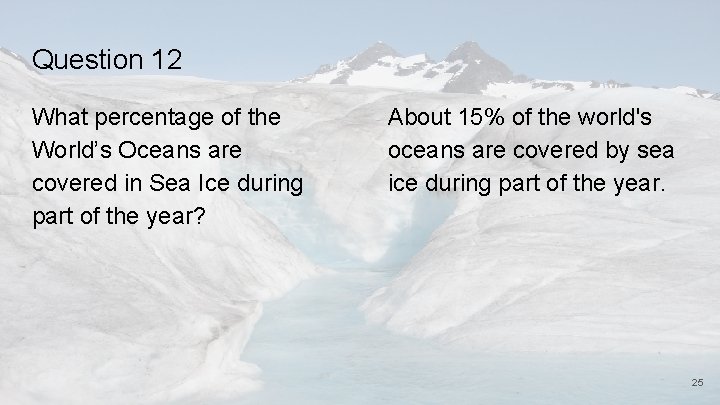 Question 12 What percentage of the World’s Oceans are covered in Sea Ice during
