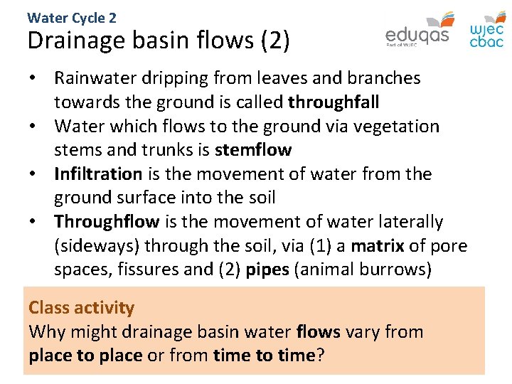 Water Cycle 2 Drainage basin flows (2) • Rainwater dripping from leaves and branches Water Cycle 2 Drainage basin flows (2) • Rainwater dripping from leaves and branches