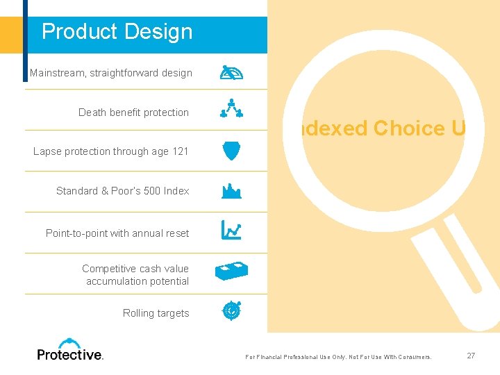  Product Design Mainstream, straightforward design Death benefit protection Indexed Choice UL Lapse protection