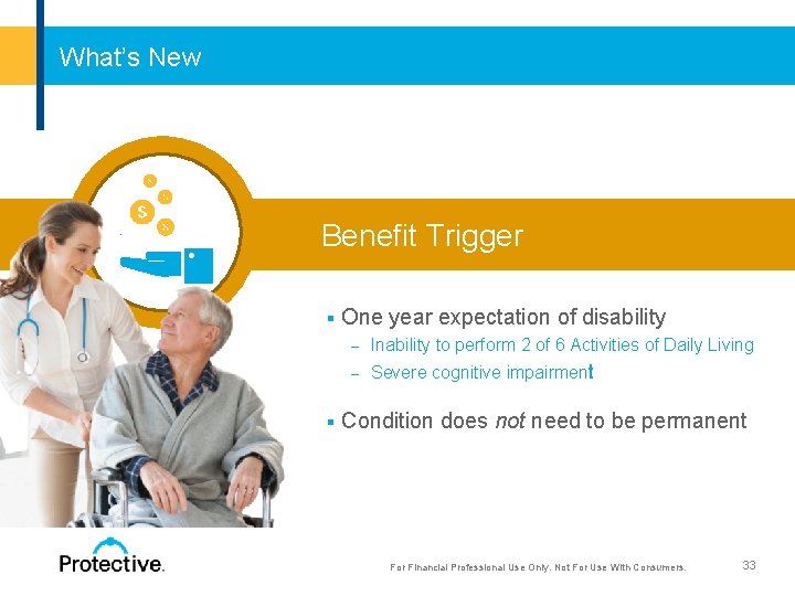 What’s New Benefit Trigger § § One year expectation of disability ‒ Inability to
