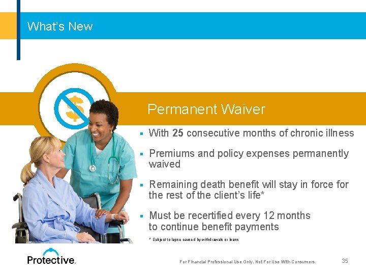What’s New Permanent Waiver § With 25 consecutive months of chronic illness § Premiums