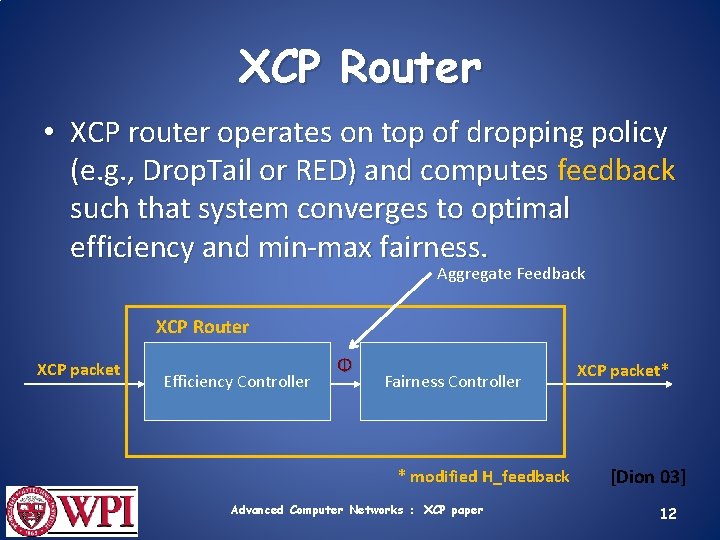 XCP Router • XCP router operates on top of dropping policy (e. g. ,