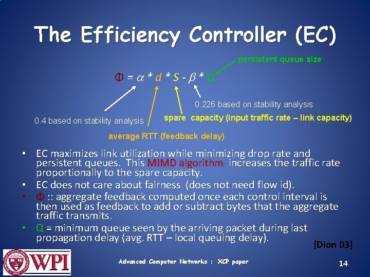 The Efficiency Controller (EC) persistent queue size Φ= *d*S- *Q 0. 226 based on