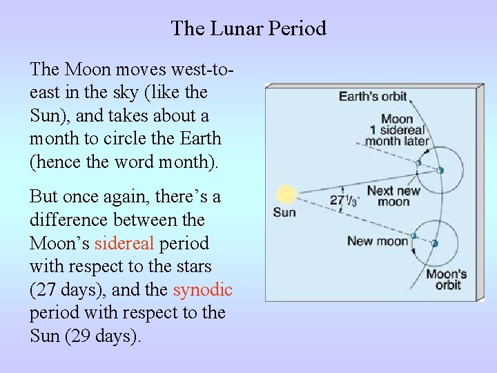 The Lunar Period The Moon moves west-toeast in the sky (like the Sun), and