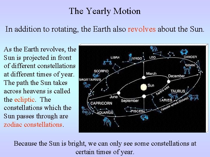 The Yearly Motion In addition to rotating, the Earth also revolves about the Sun.