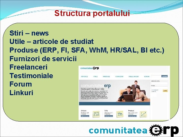 Structura portalului Stiri – news Utile – articole de studiat Produse (ERP, FI, SFA, Structura portalului Stiri – news Utile – articole de studiat Produse (ERP, FI, SFA,