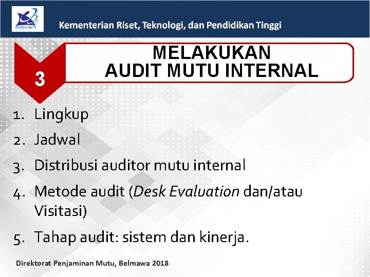 3 MELAKUKAN AUDIT MUTU INTERNAL 1. Lingkup 2. Jadwal 3. Distribusi auditor mutu internal