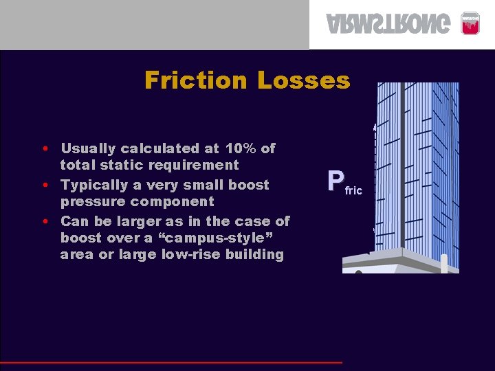 Friction Losses • Usually calculated at 10% of total static requirement • Typically a