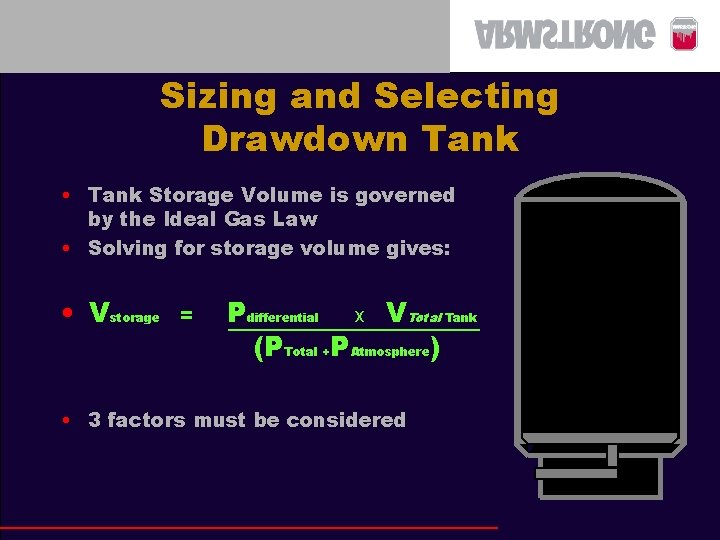 Sizing and Selecting Drawdown Tank • Tank Storage Volume is governed by the Ideal