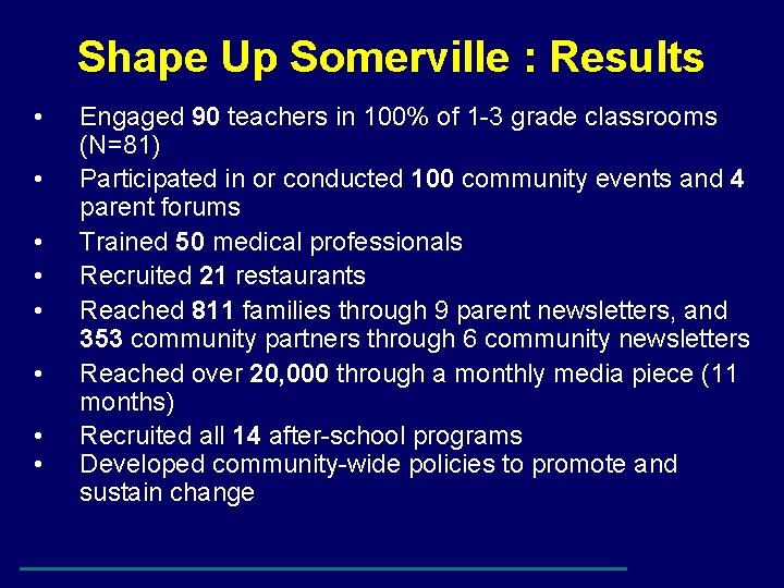 Shape Up Somerville : Results • • Engaged 90 teachers in 100% of 1