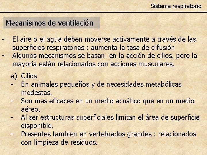 Sistema respiratorio Mecanismos de ventilación - El aire o el agua deben moverse activamente