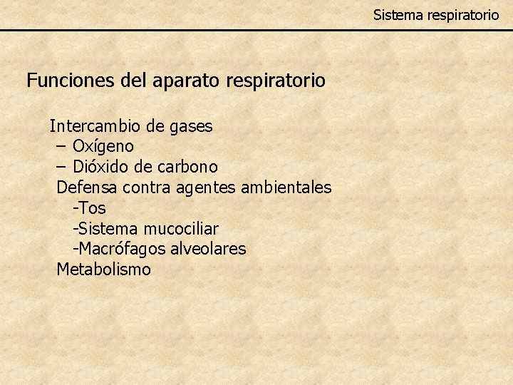 Sistema respiratorio Funciones del aparato respiratorio Intercambio de gases – Oxígeno – Dióxido de