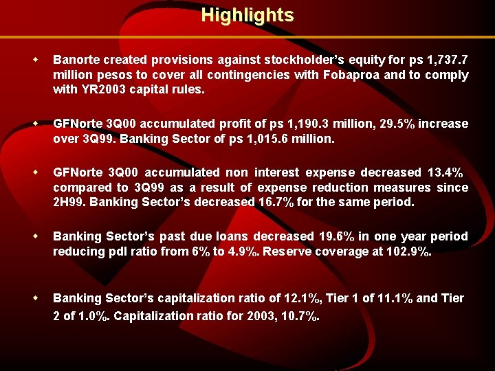 Highlights w Banorte created provisions against stockholder’s equity for ps 1, 737. 7 million