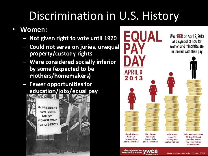 Discrimination in U. S. History • Women: – Not given right to vote until