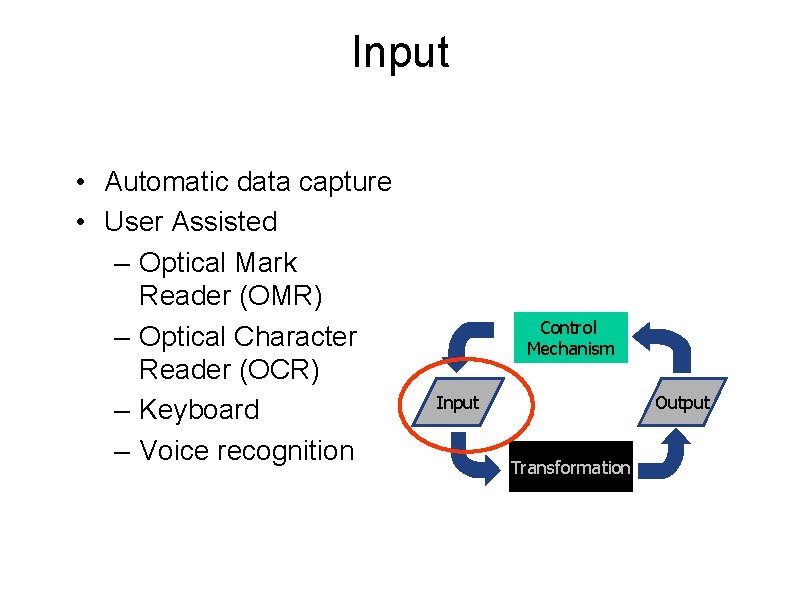 Input • Automatic data capture • User Assisted – Optical Mark Reader (OMR) –