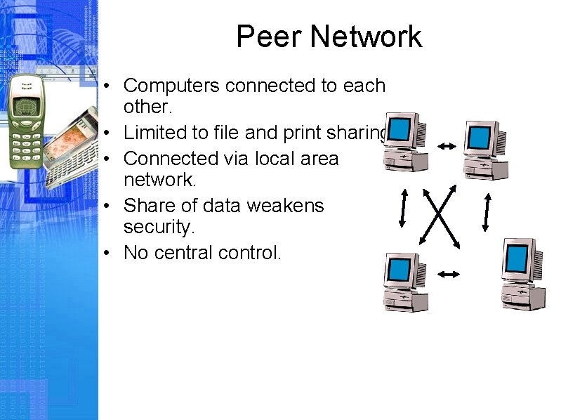 Peer Network • Computers connected to each other. • Limited to file and print