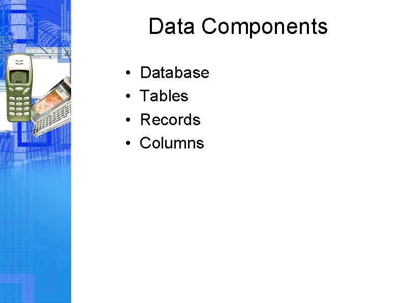Data Components • • Database Tables Records Columns 