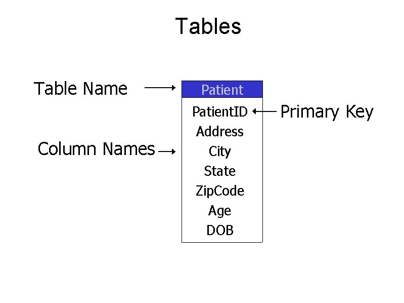 Tables Table Name Column Names Patient. ID Address City State Zip. Code Age DOB