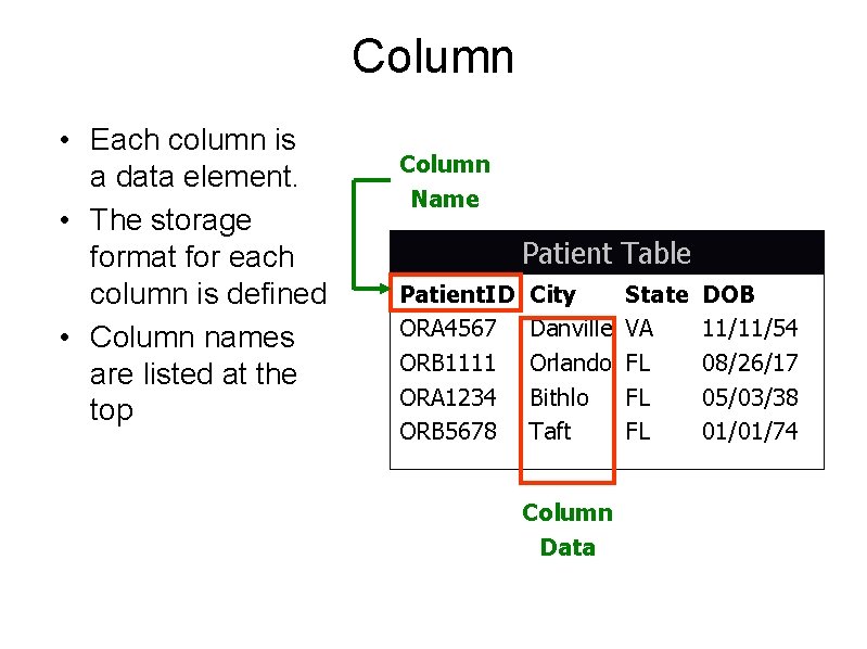 Column • Each column is a data element. • The storage format for each